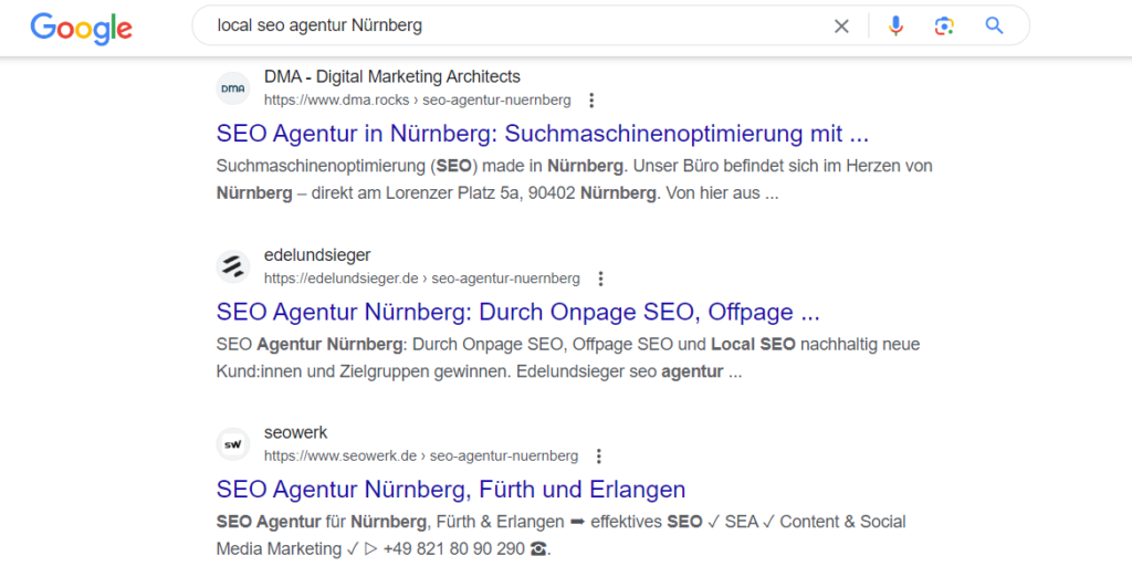 Organische Suchergebnisse für "Local SEO Agentur Nürnberg" (Auszug).