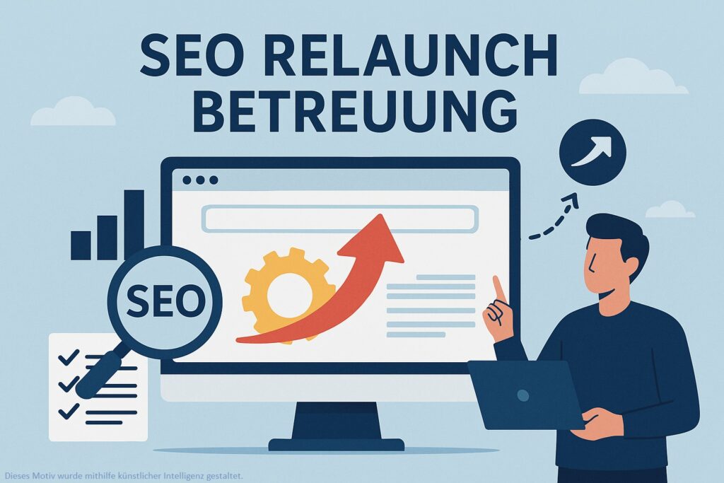 Ein Berater deutet während einer SEO-Relaunch-Betreuung auf eine Präsentation mit Pfeil nach oben (stilisierte Zeichnung; Dieses Motiv wurde mithilfe künstlicher Intelligenz generiert.)